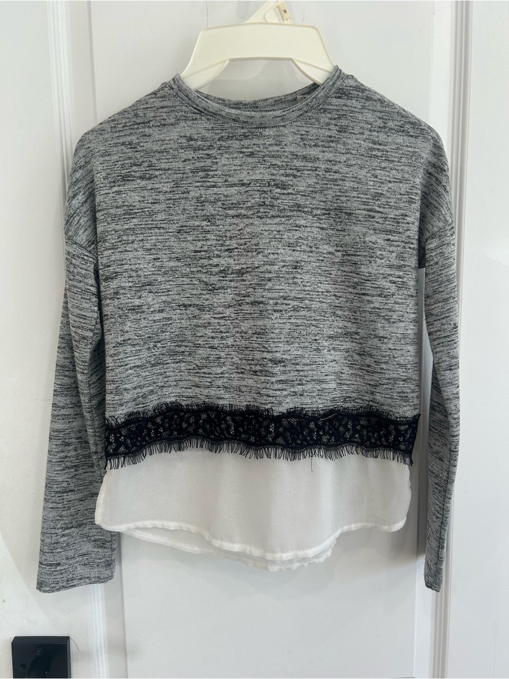 Dex Gray Marled Sweatshirt with Black Lace & White Layered Hem